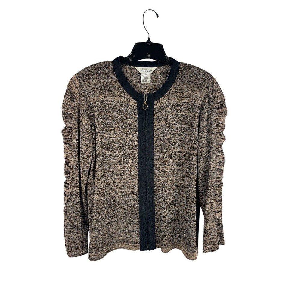 Misook L Brown Black Metallic Knit Cardigan Top Zip Front Ruched Sleeve Career